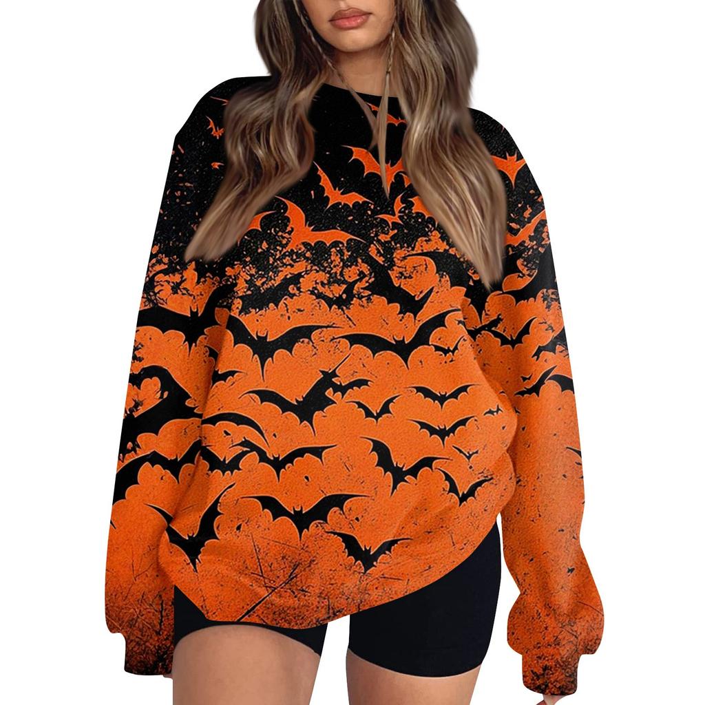 Women's Fashion Casual Long Sleeve Halloween Printed Neck Sweatshirt Top