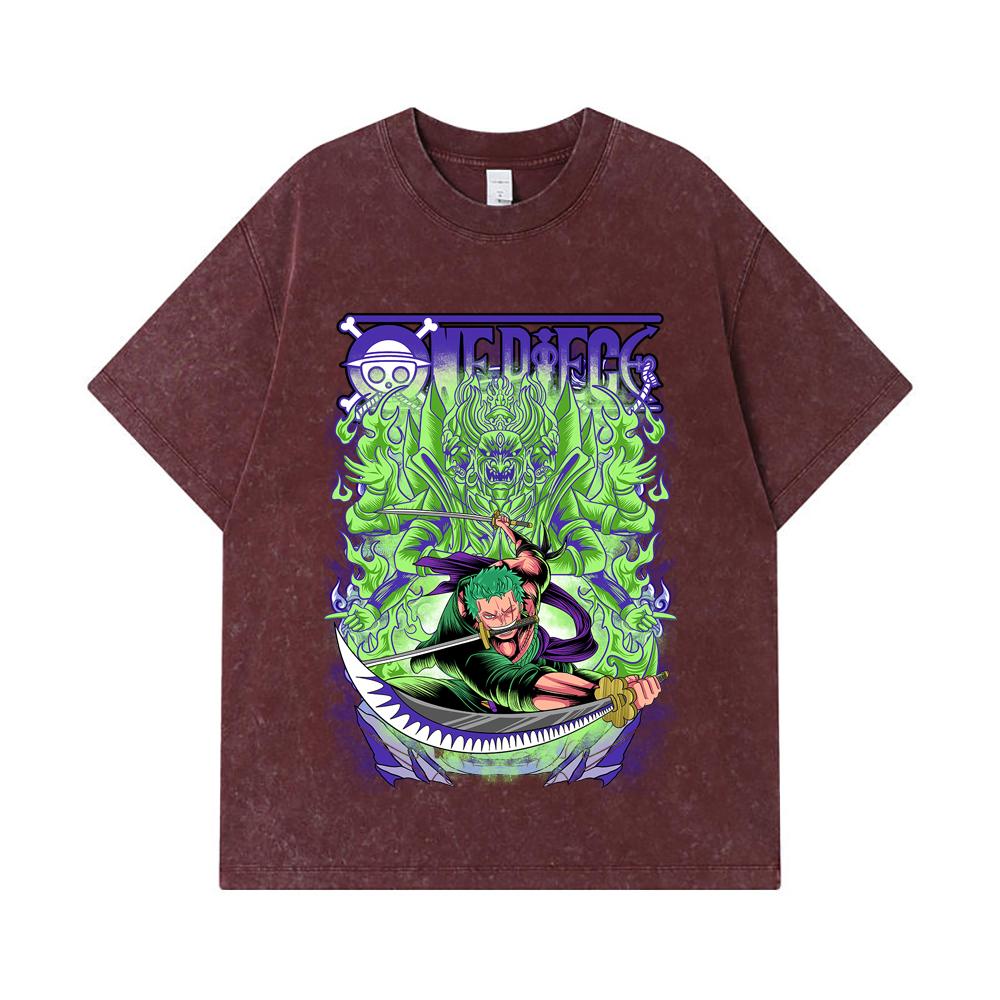 275 GSM Washed T-shirts 100% Cotton One Piece V9 Zoro Print Unisex Heavy Cotton T Shirt