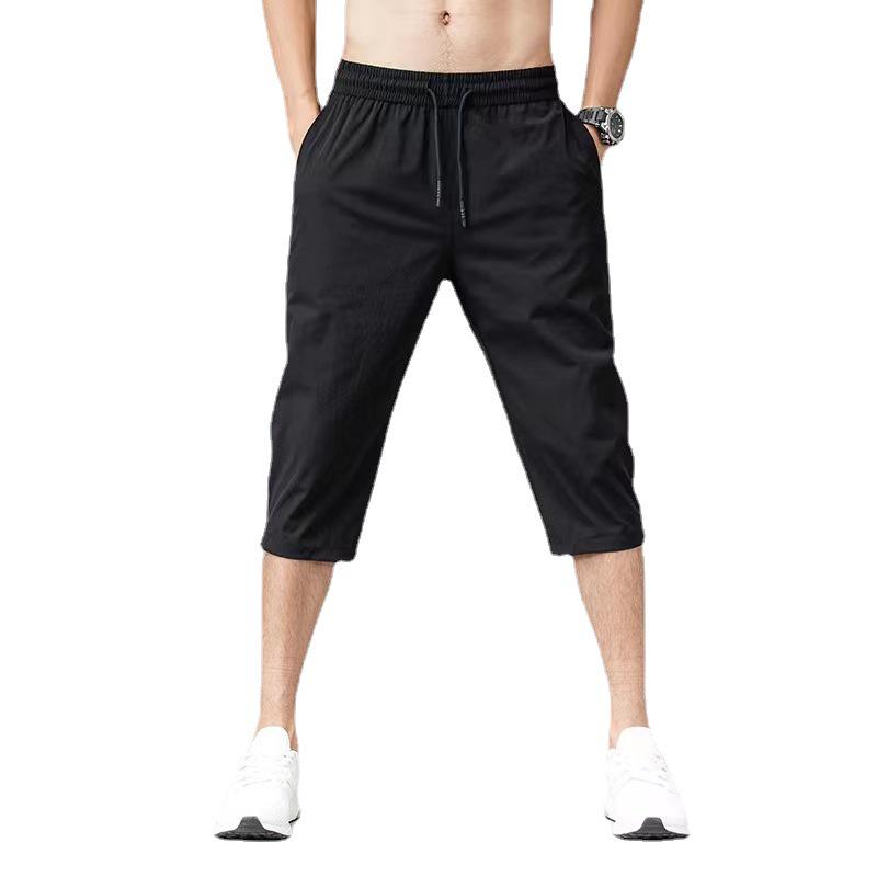 Men's Quick-Dry Ice Silk Elastic Shorts - Breathable, Loose-Fit, Solid Color, Large Size, Casual Three-Quarter Length for Seniors