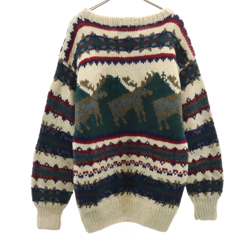 HEATHER & TWEED 90s Old Reindeer Pattern Long Sleeve Sweater M Ivory Knit Men's Used