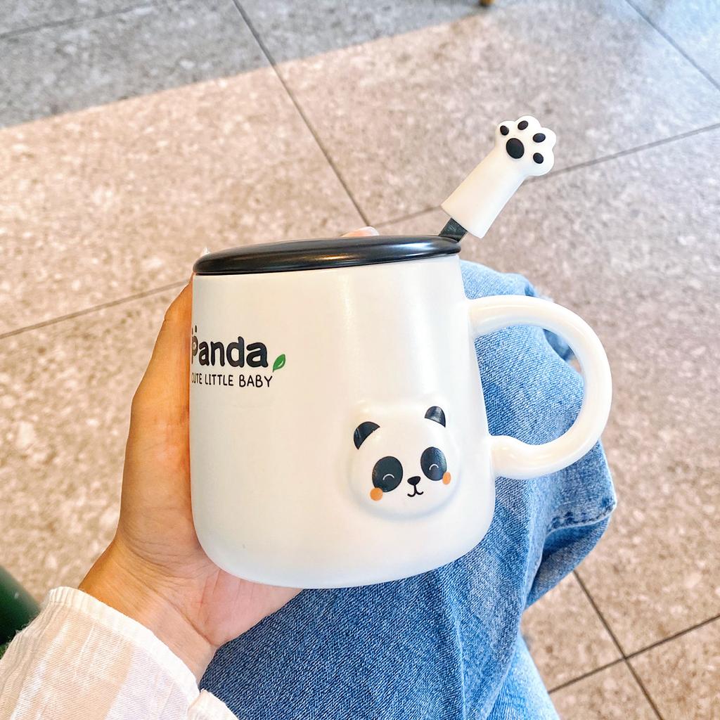 High Value Panda Mug with Lid Spoon Couple Ceramic Cup Children's Home Drinking Water Cup Office Coffee Cup