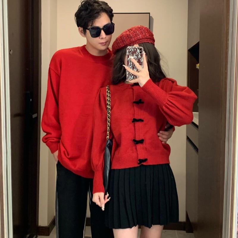 Couple Red Bow Knit Cardigan Sweater Coat Holiday Casual Long Sleeve Outwear