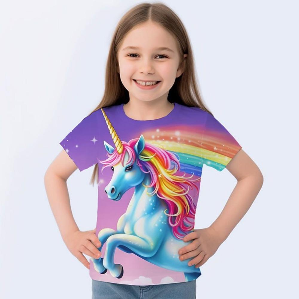 Children's Cute Animal 3D Digital Printed Girl Fashion Casual Round Neck Short Sleeved T-shirt