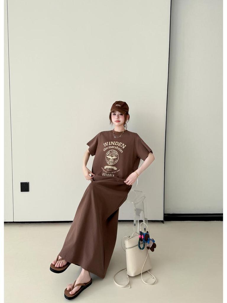 2026 Summer Fashion Women's Loose Short Sleeve Printed T-Shirt Dress - Over the Knee