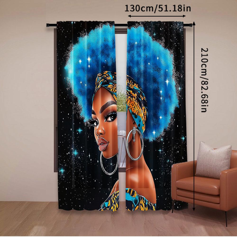 2Pcs Black Curtain African American Woman Afro Lady With Blue Hair Suitable For Bedroom Living Room Dining Room And Bathroom A
