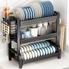 Three-Layer Black Countertop Dish Drainer Rack with Utensil Holders