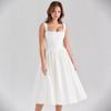 Women's Square Neck Sleeveless Midi Dress Flared Fit Adjustable Waist Pure White Corset Spaghetti Strap Back Tie Casual Party Dress