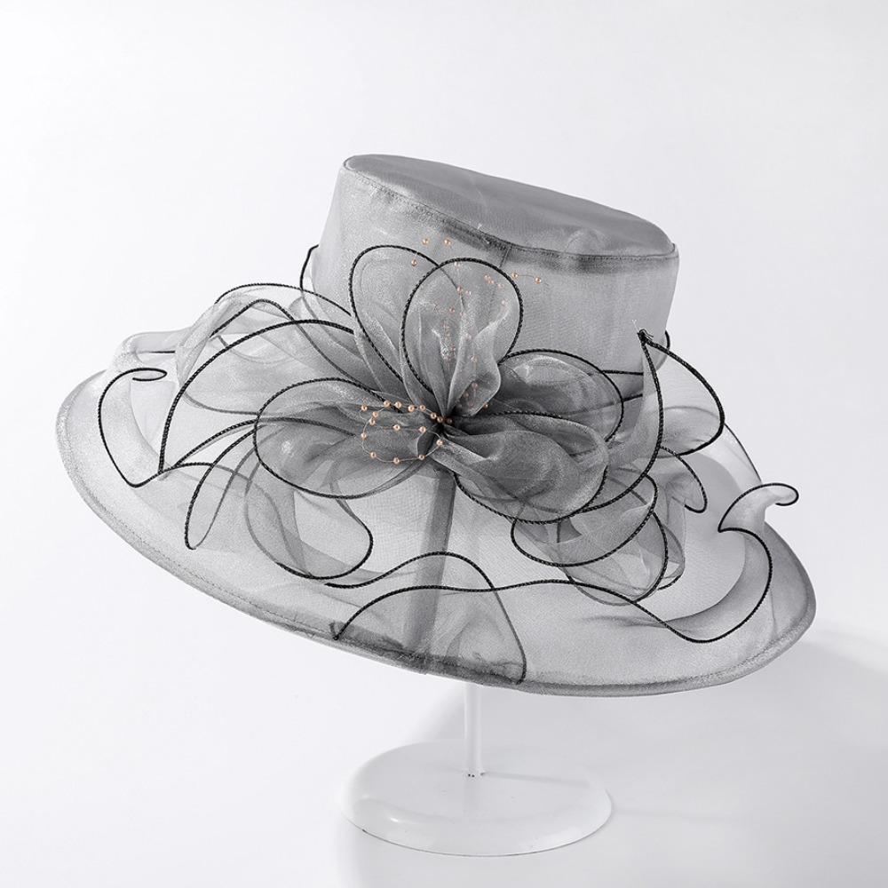 

Organza Women Derby Hat Solid Color Flowers Bridal Tea Party Wedding Hat Summer Ruffles Sun Hat серый