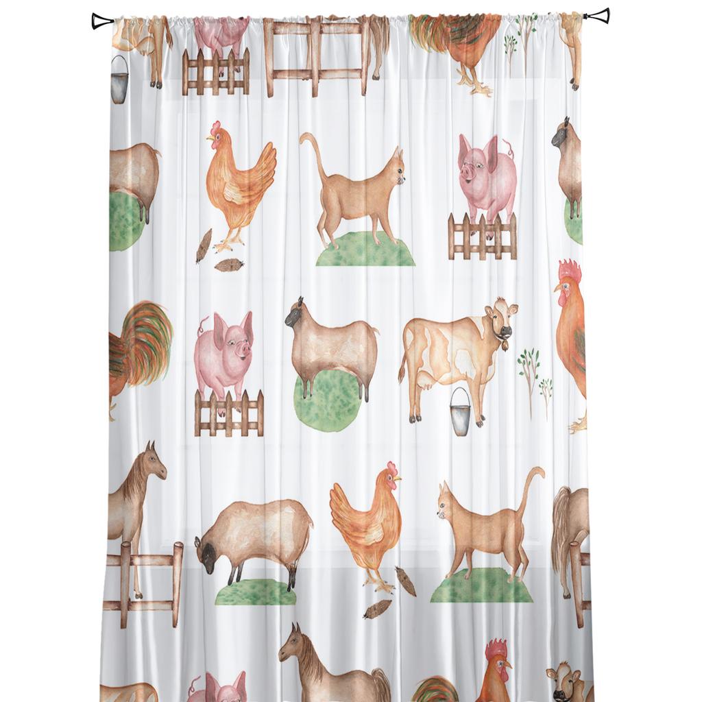 Country Style Farm Animal Cow Chicken Sheep Pig Sheer Curtains for Living Room Modern Bedroom Voile Tulle Curtain Window Drapes