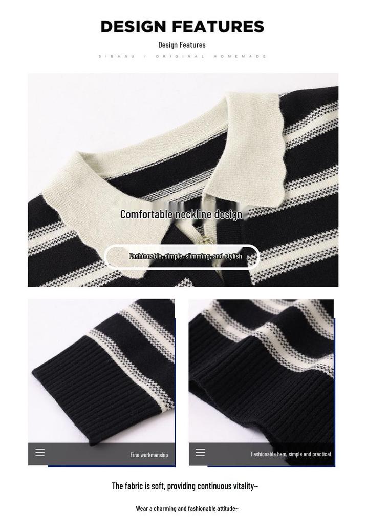 Autumn 2025 Wool Knitwear: Elegant Striped Lapel for Middle-Aged Women