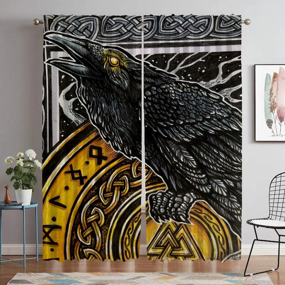 Küchenvorhänge für Wohnzimmer Vorhang Wikinger Odins Raben Muninn Trennwand Halloween Dekoration Jalousien Tüll für Schlafzimmer W60xH90cmx2pcs-CL