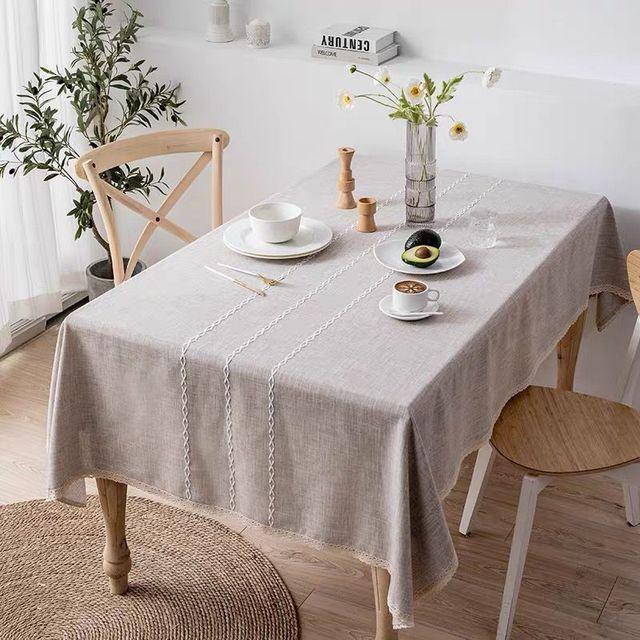 Šedobéžový dekorativní lněný pruhovaný ubrus s krajkou, voděodolný, silný, obdélníkový, bytový, na jídelní stůl, čajová utěrka