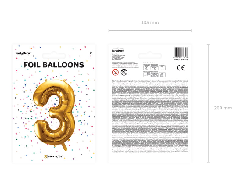 Partydeco Balon Foliowy Cyfra 3 Złota  86Cm