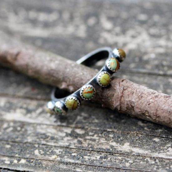 Retro Ethnic Style Turquoise Small Round Beads Ring Women Jewelry Accessories