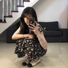 Coffee break French Hepburn style black floral dress children's summer new temperament waist long dress advanced