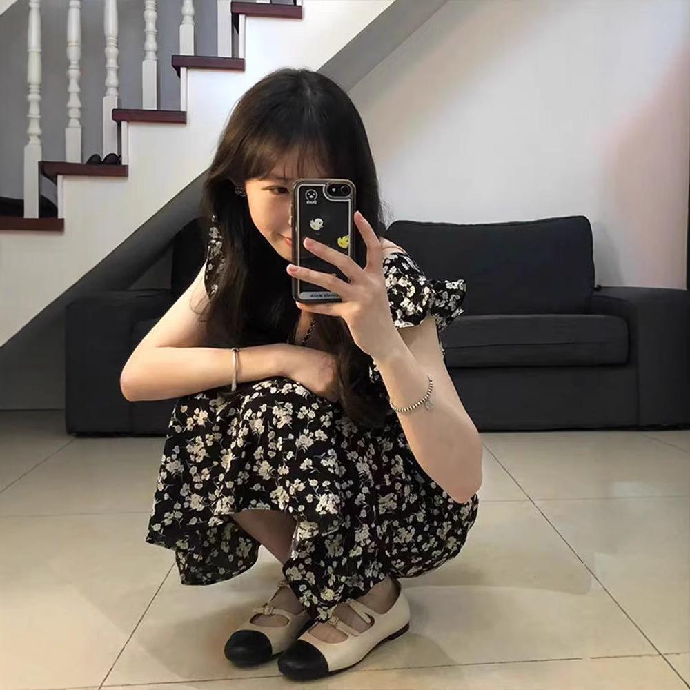 Coffee break French Hepburn style black floral dress children's summer new temperament waist long dress advanced