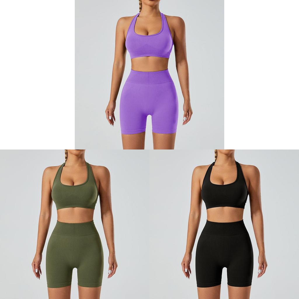 Yoga Outfit Women Seamless High Elastic Shorts Sports Bra Set With Moisture Wicking For Fitness And Running