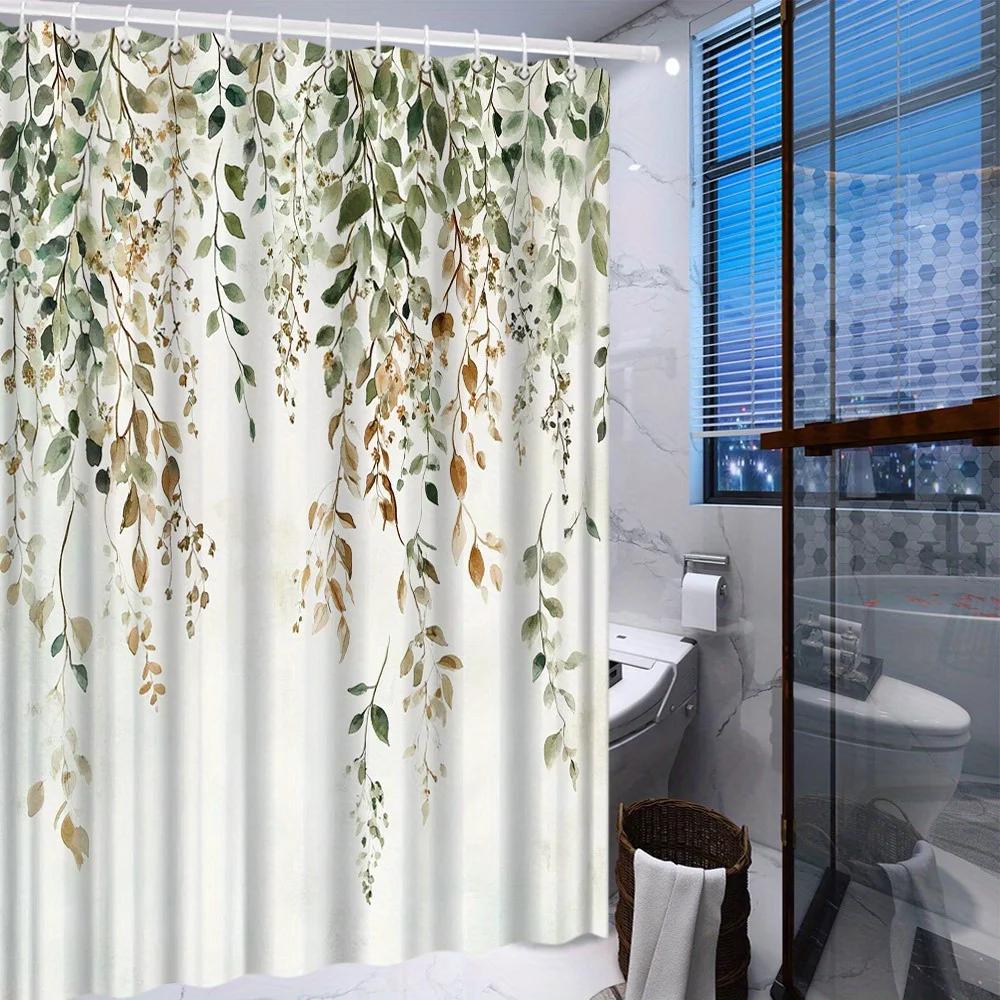 1 Watercolor Floral Shower Curtain - Cascading Green, Brown, Tan Leaves and Small Flowers On a Cream Background with Hook