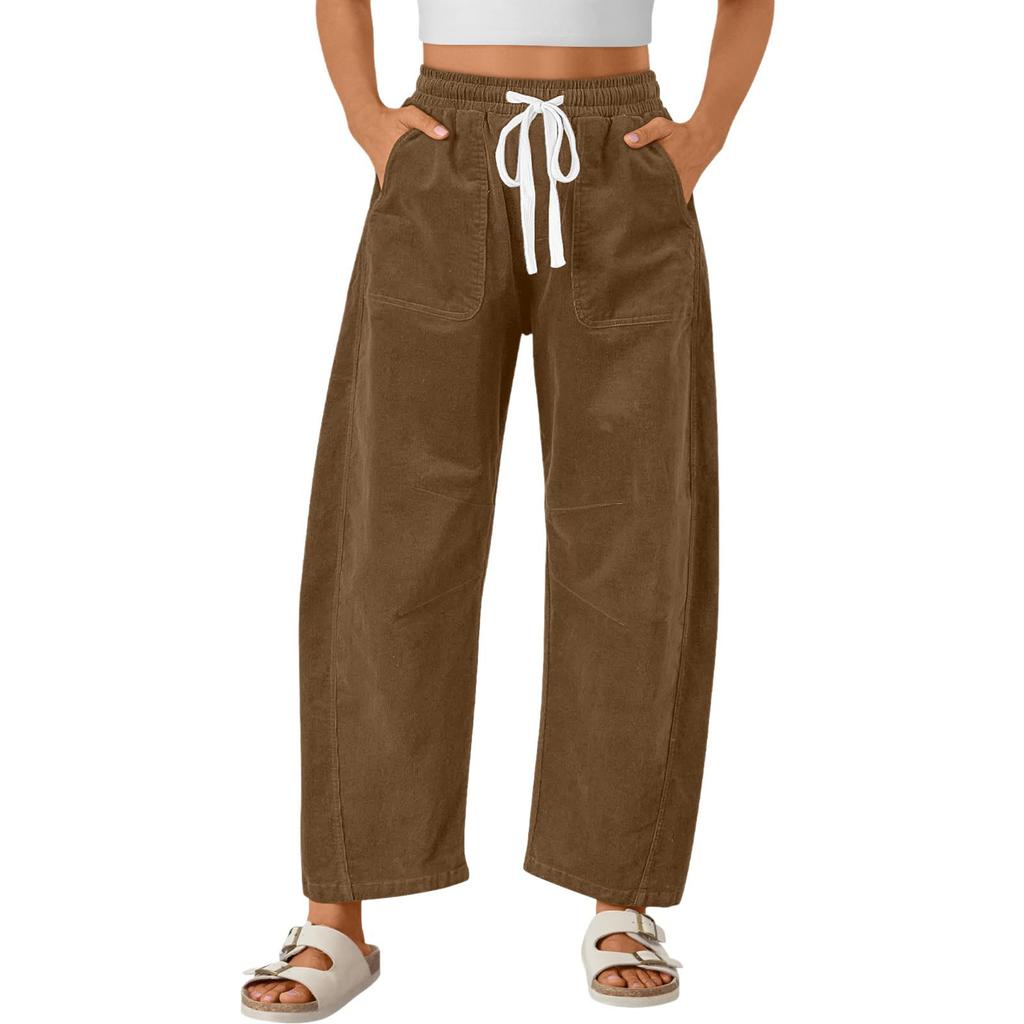Women's Casual Fashion Solid Color Elastic Waist Drawstring Pockets Wide Leg Straight Pants