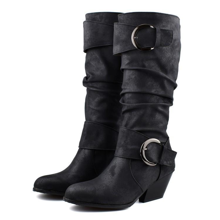 Autumn and winter new wind leather high boots medium heel but knee thick heel knight boots large size boots women