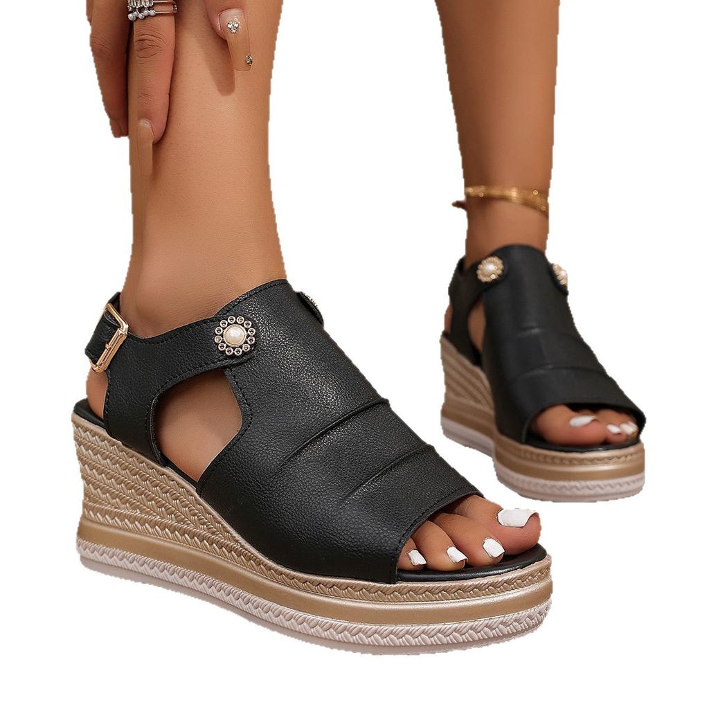 Foreign trade large size straw woven high-heeled sandals women's 2025 new thick-soled fish mouth Roman shoes one-word buckle high-heeled women's sanda