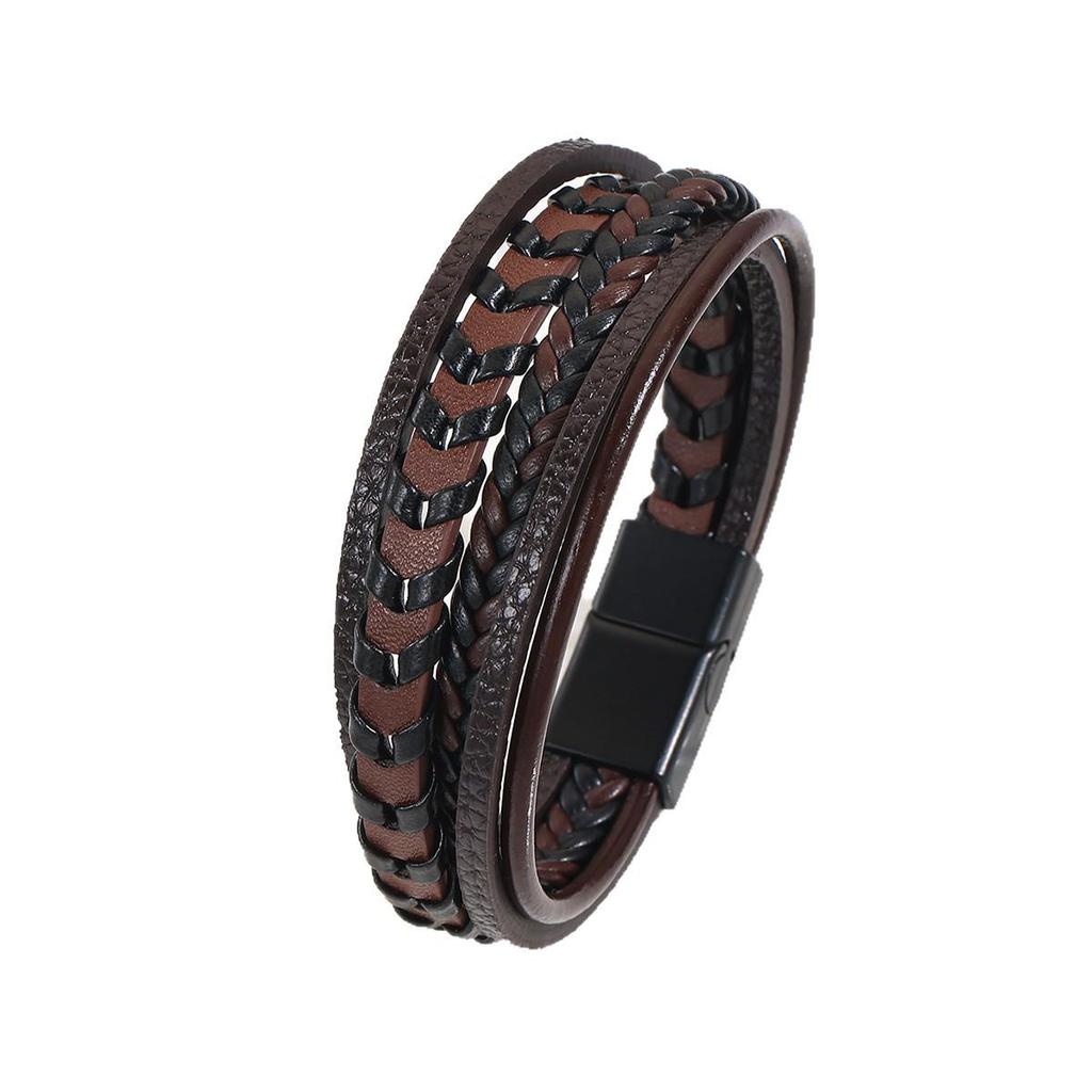 Bracciale da uomo in pelle multistrato retrò con bracciale aperto in lega