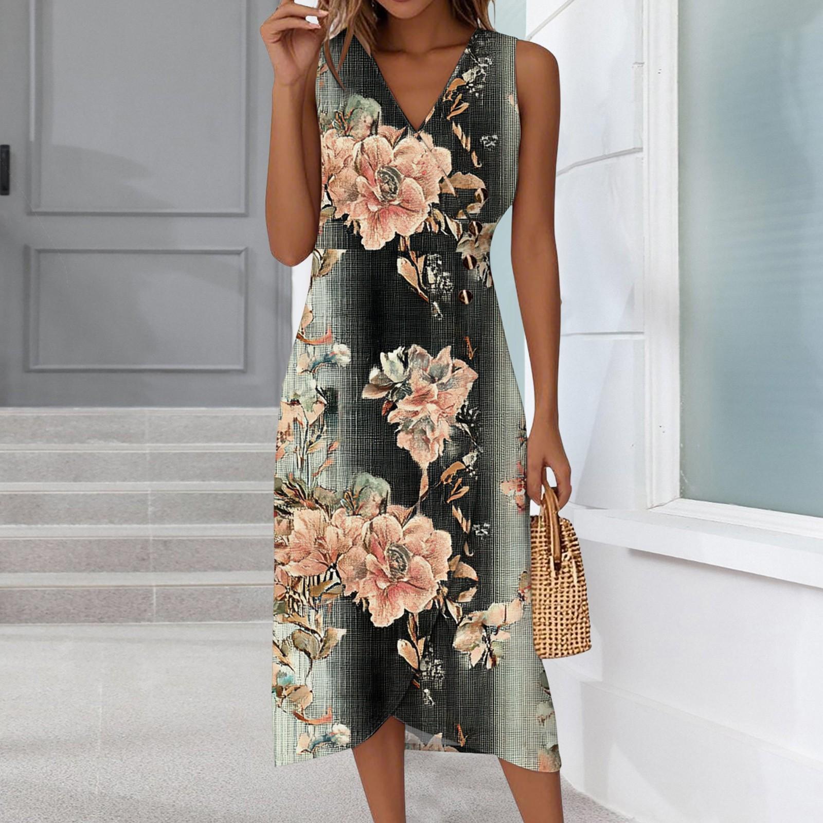 

Women s Casual V-Neck Spring/Summer Sleeveless Button Retro Print Dress L