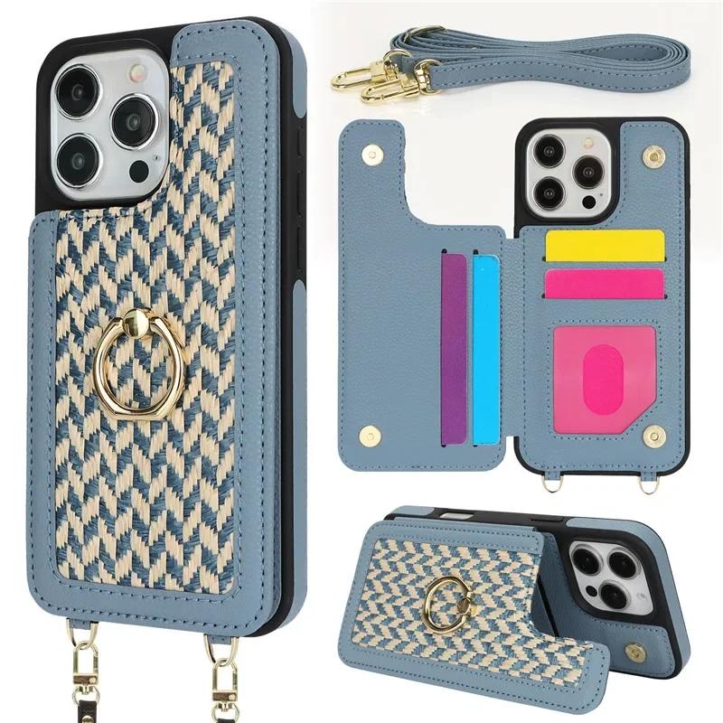 Long Lanyard Leather Wallet Card Slot Phone Case for iPhone 16 Pro Max 15 14 Plus 13 12 11 SE 2026 XS XR X 8 7 Ring Flip Cover