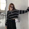 KOSY Striped Cropped Sweater Korean Style  Women Vintage Oversize Knit Jumper Female Autumn Long Sleeve O-neck Pullovers Tops