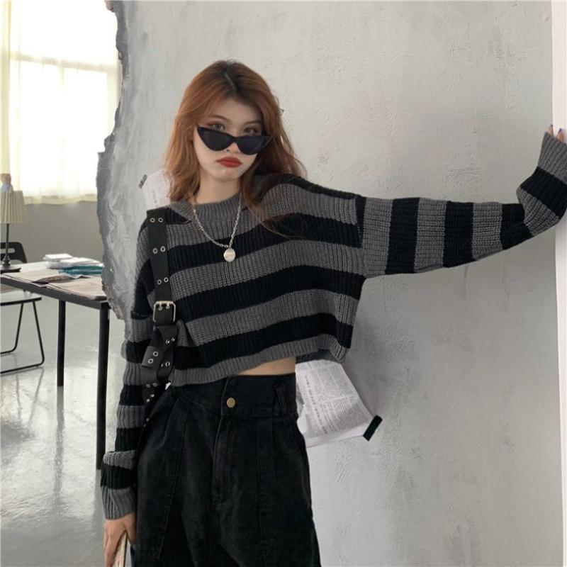 KOSY Striped Cropped Sweater Korean Style  Women Vintage Oversize Knit Jumper Female Autumn Long Sleeve O-neck Pullovers Tops