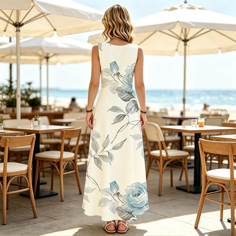 Women's Fashion U Neck Sleeveless Maxi Dress Lightweight Skin-friendly Floral Design for Beach Vacation,Summer Casual Outings,Daily Shopping