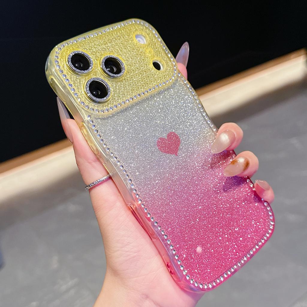 For iPhone 17 Pro Case Sparkle Rhinestone Decor TPU Phone Cover with Glitter Gradient Card