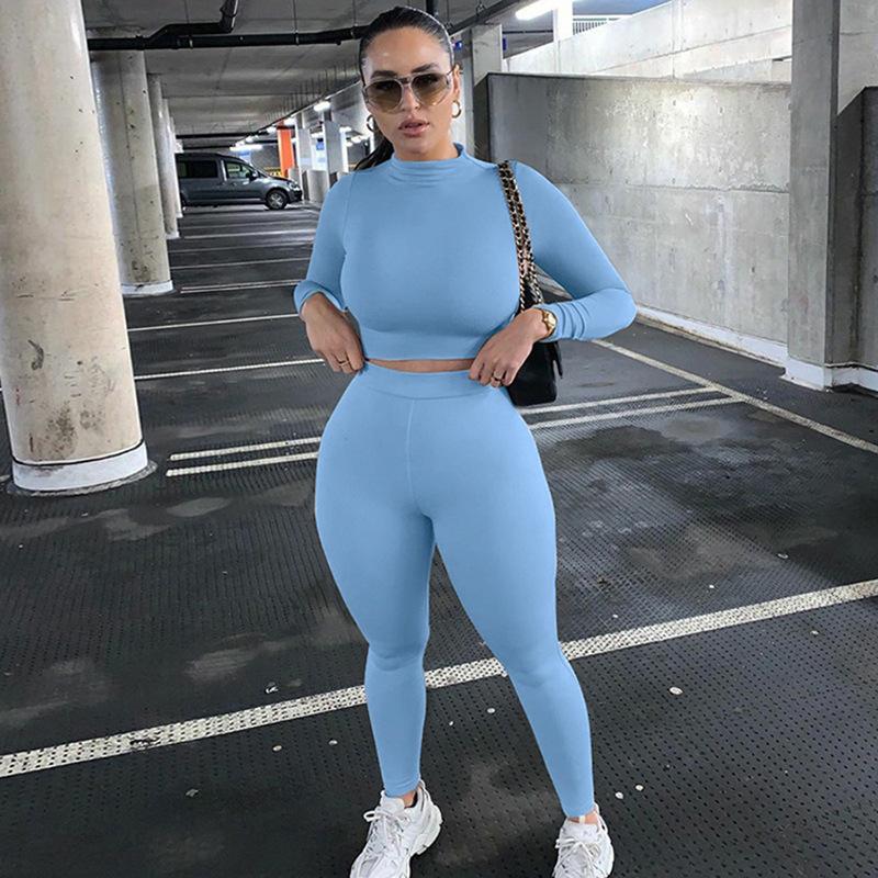 

2026 The New Fashion Tracksuit Women Turtleneck Long Sleeve Crop Top+Leggings Matching Set Stretchy Sporty Fitness Casual Outfits XS
