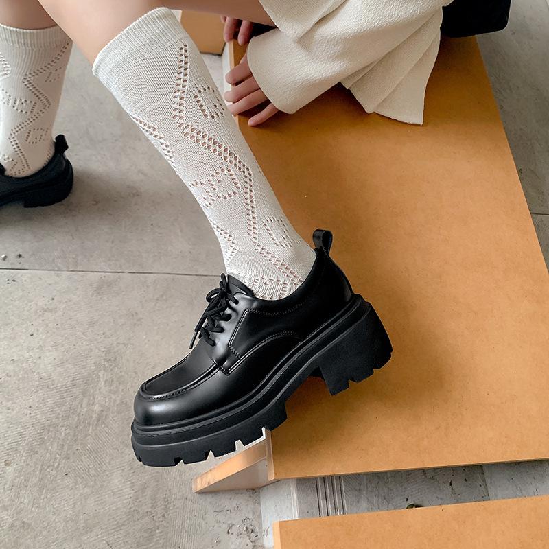 Spring new platform women's British style small leather shoes versatile leather lace-up black jk single shoes