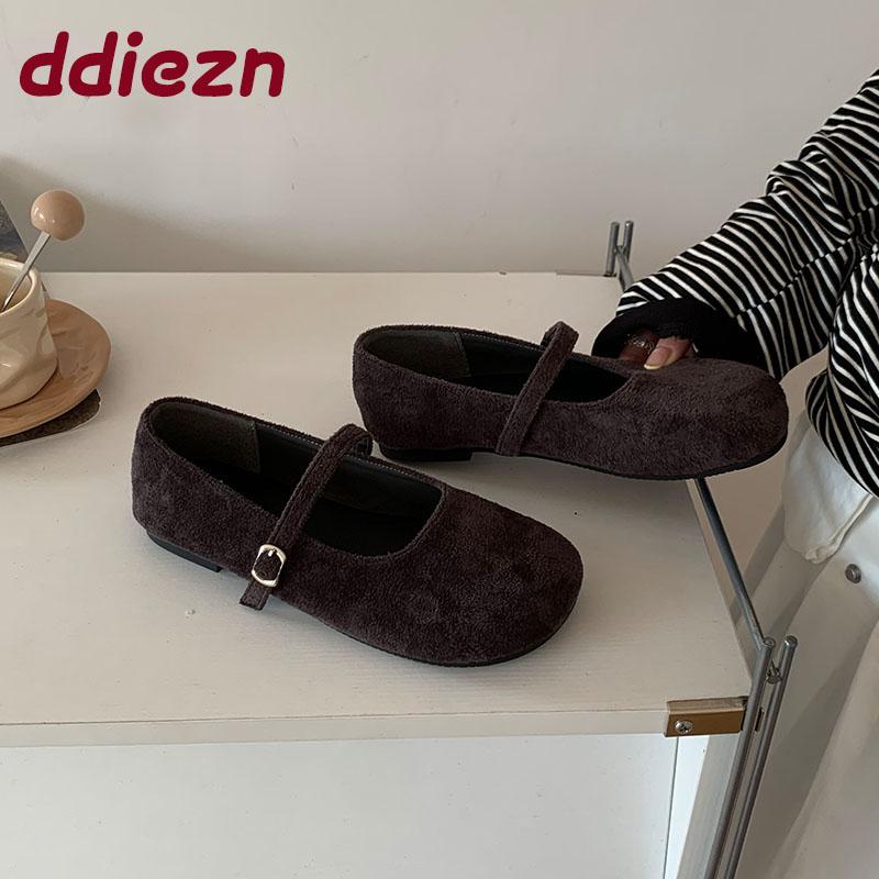 Mode Flache Mode Schnallenriemen Damen Mary Janes Ballerinas Schuhe Weiblich Runde Zehenpartie Schuhe Flock Damen Ballerinas Tanzschuhe