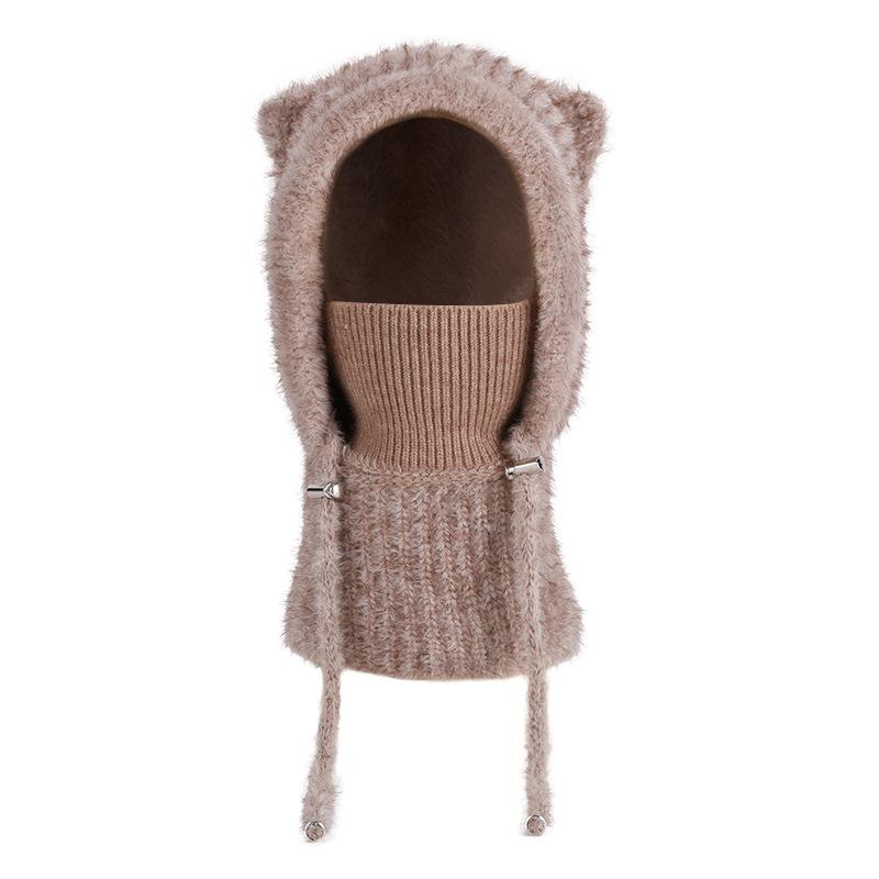 Winter  Scarf Mask Integrated Hat Women's Fleece Cold-proof Knitted Wool Hat Outdoor Warm Ear Protective Hat