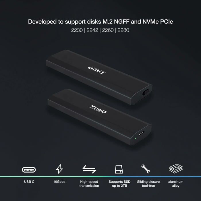 Boitier Externe SSD M.2 - TOOQ - TQE-2223B - USB-C 3.1 Gen2 - Aluminium - Noir