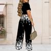 Damen Große Größen Rundhals Kurzarm Bedrucktes Crop Top Schwarz Gold Silber Weit Bein Hosen Zweiteiliges Set
