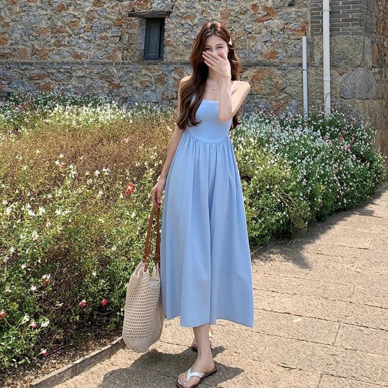 Gentle Wind French Suspender Dress, Children's Summer Seaside Vacation Temperament, Waist and Thin A-shaped Long Dress