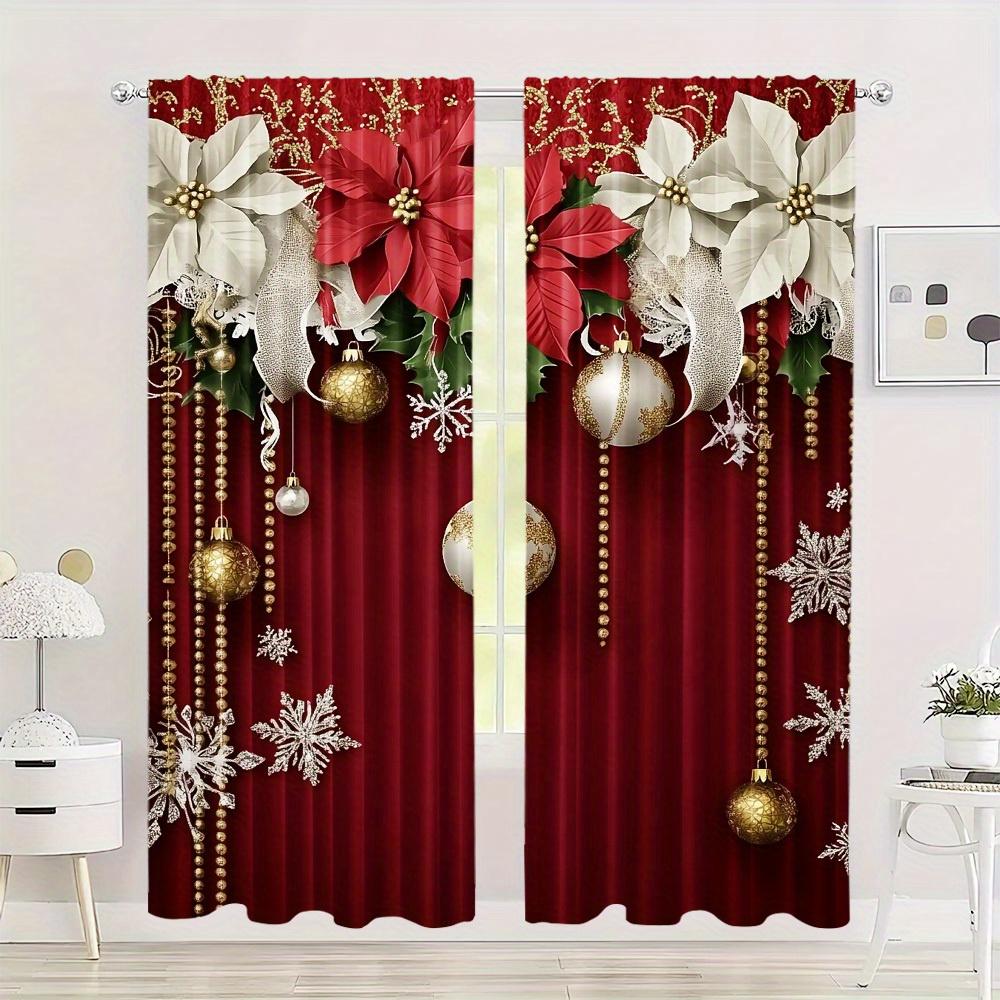 2-Pc Polyester Christmas Curtains with 3D Floral & Ball Digital Print - Rod Pocket Window Drapes for Living Room & Bedroom