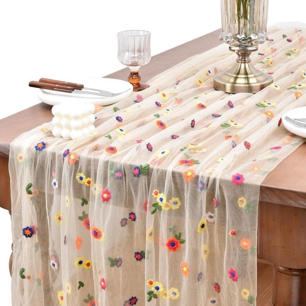 Semi-Transparent Tulle Table Runner Boho Floral Tablecloth  Holiday Decoration