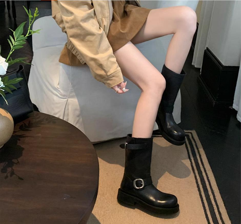 Leather Grape Mother Same Retro Martin Boots Women's Metal Buckle Thick Heel Platform Locomotive Boots Western Pile Short Boots