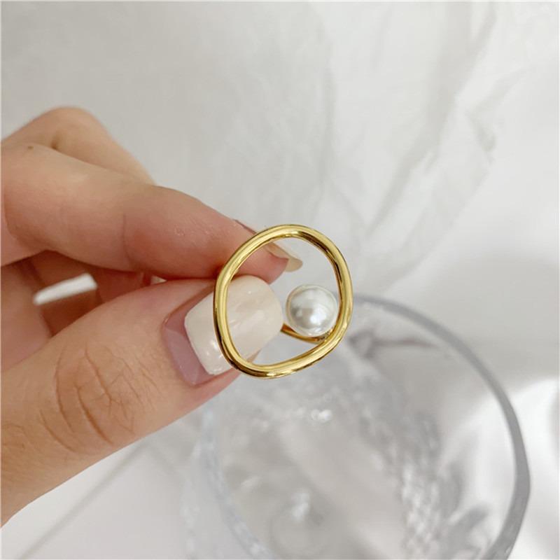 Meier European and american freshwater pearl ring - adjustable open design, ins style hollowed-out, unique finger ring jewelry