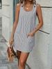 Vestito Estivo Mini A Righe da Donna con Scollo Tondo, Bottoni, Bretelle, Tasca, Casual, Slim