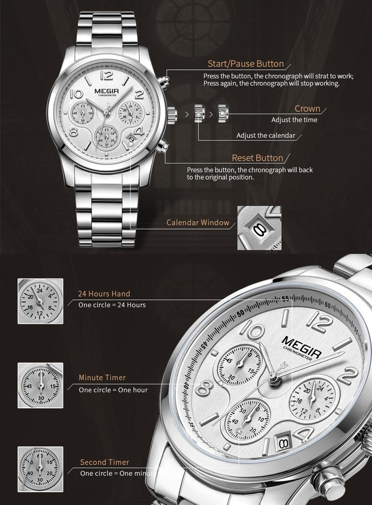 MEGIR Luxury Women Watch Fashion Brand Quartz Chronograph Elegant Ladies Wristwatch Stainless Steel Waterproof Dress Clock 2057