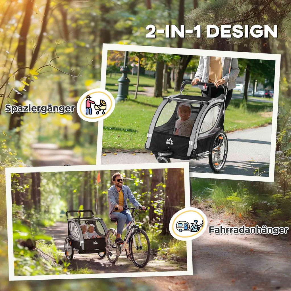 Carrellino per Bici da Bambino, Passeggino, con Freni, Pieghevole, per 2 Bambini, Grigio/Nero