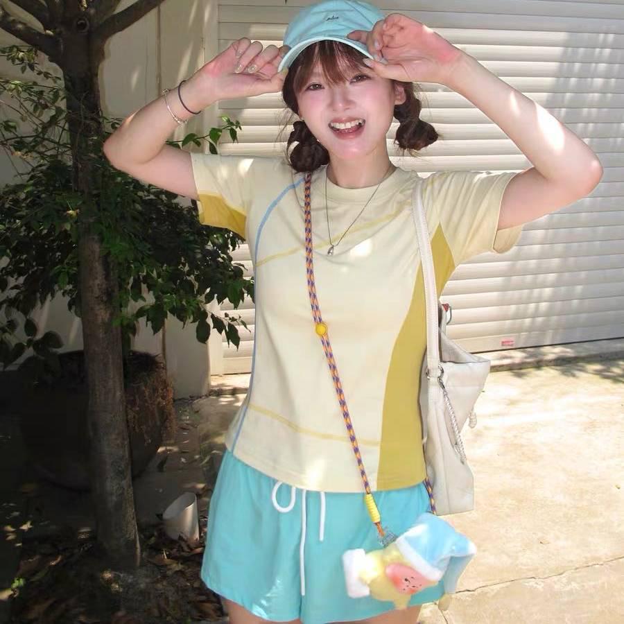 Contrast Double Line Summer Girls Short Sleeve Outdoor Sports T-Shirt - Yellow Goose