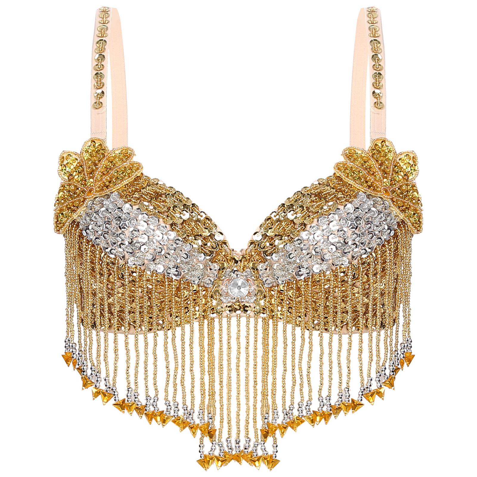 

Womens Sparkly Sequins Belly Dance Top Adjustable Straps Plastic Beaded Tassels Underwired Bra One Size