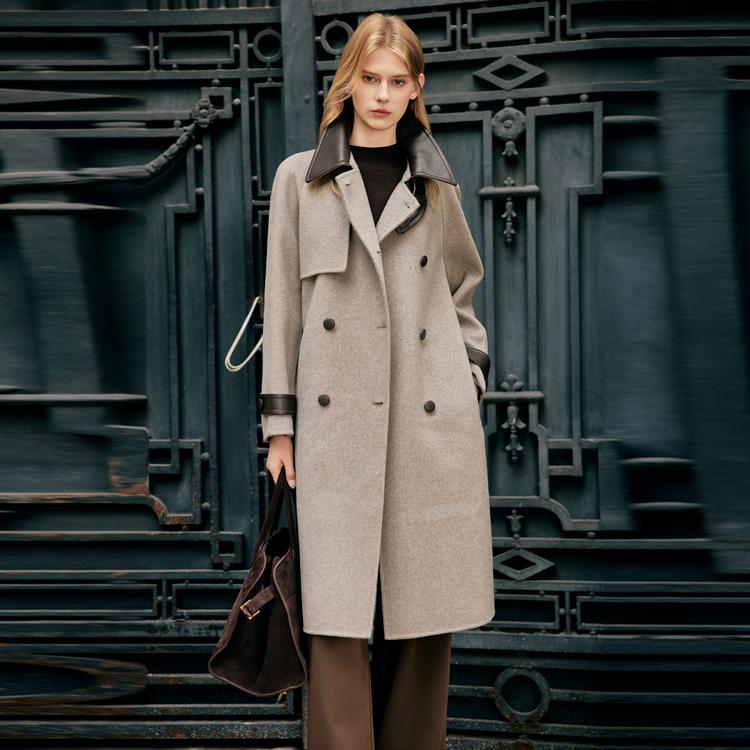 ELLE French Style High-End Lapel Warm Mid-Length Double-Breasted Coat Women coats Khaki-Green EN49678
