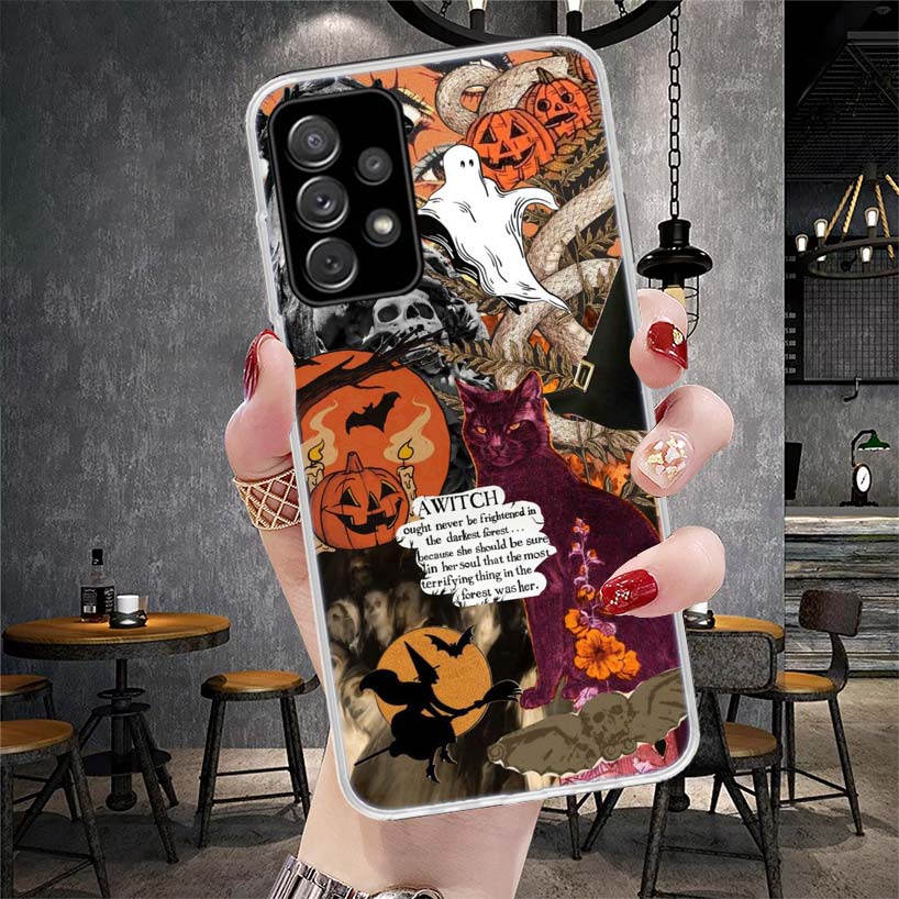 Halloween Fall Art Witch Cat Phone Case For Samsung Galaxy A12 A22 A32 A52 A72 A02S A51 A50S A71 A70 A31 A20S Note 20 Ultra S10